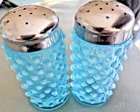Vintage Pair Fenton 3.25" Blue Opalescent Hobnail Salt & Pepper Shakers & Lids
