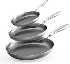 COOKER KING Non-Toxic Frying Pans Set of 3 (8+10+12 Inch), Tri Ply Stainless Ste