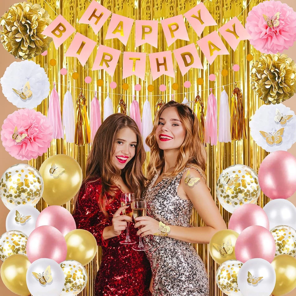 Decoraciones de fiesta de cumpleaños rosa y dorado para mujer con pancarta de feliz cumpleaños, Cu Foto 2 de 4