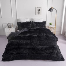 Faux Fur Plush Black Comforter Sets Full/Queen - Ultra Soft Shaggy Flannel Ve...
