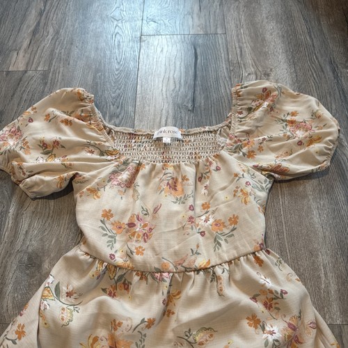 Abito rosa rosa floreale manica corta taglia M delicato civettuolo volant marrone boho western - Foto 3 di 5