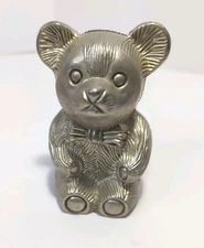 VINTAGE 5" TALL SILVER METAL TEDDY BEAR PIGGY BANK COIN BANK WITH STOPPER