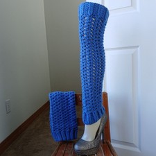 Denim Blue Leg Warmers OSFM crochet warm thick chunky over knee dance premade