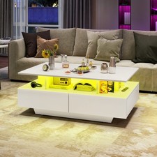 35.4" Mesa De Centro Blanca Con Luces LED Para Sala Modernas Pequeña En Oferta