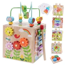 Wooden Activity Cube | Montessori Toys for 1 2 3 Year Old Pink Packaging