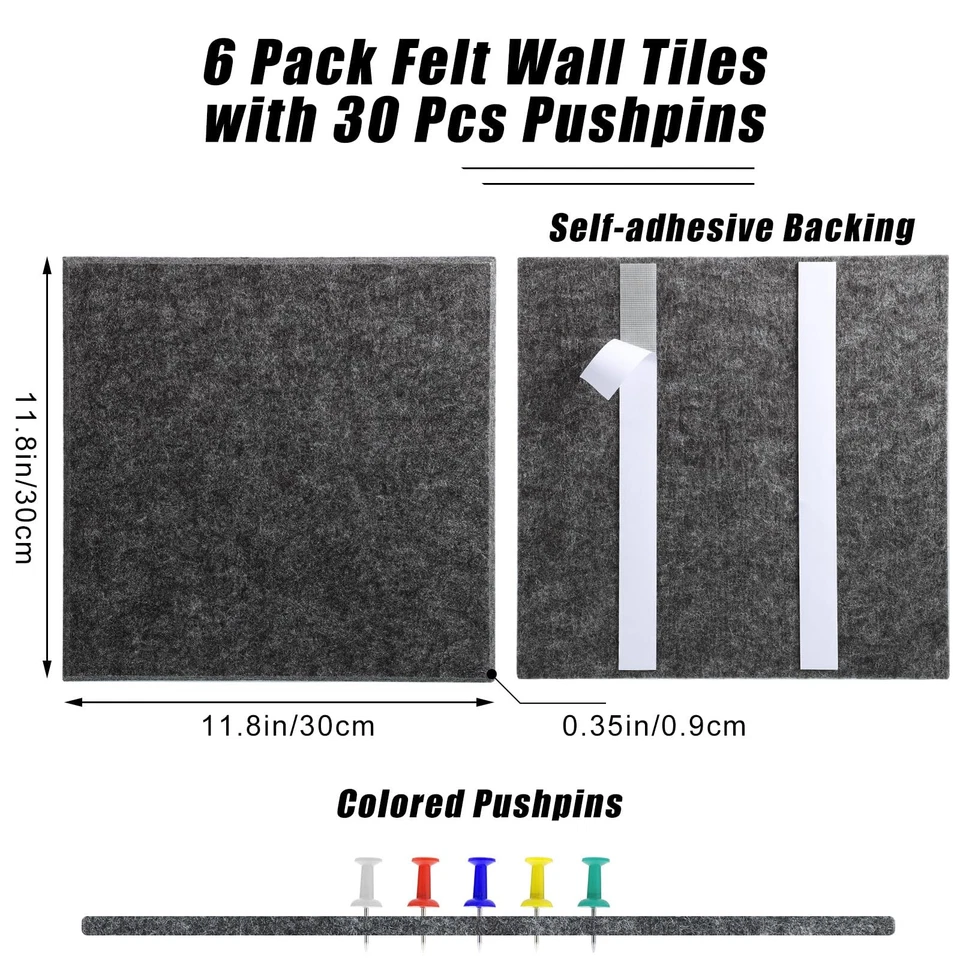 Large Cork Board 36" x 24", 6 Pack Felt Wall Tiles with 30 Pcs Pushpins, Bull... - Image 3 of 4