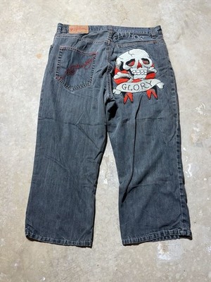 Ed Hardy Christian Audigier Death Or Glory Skull Embroidered Baggy Jeans 38x34