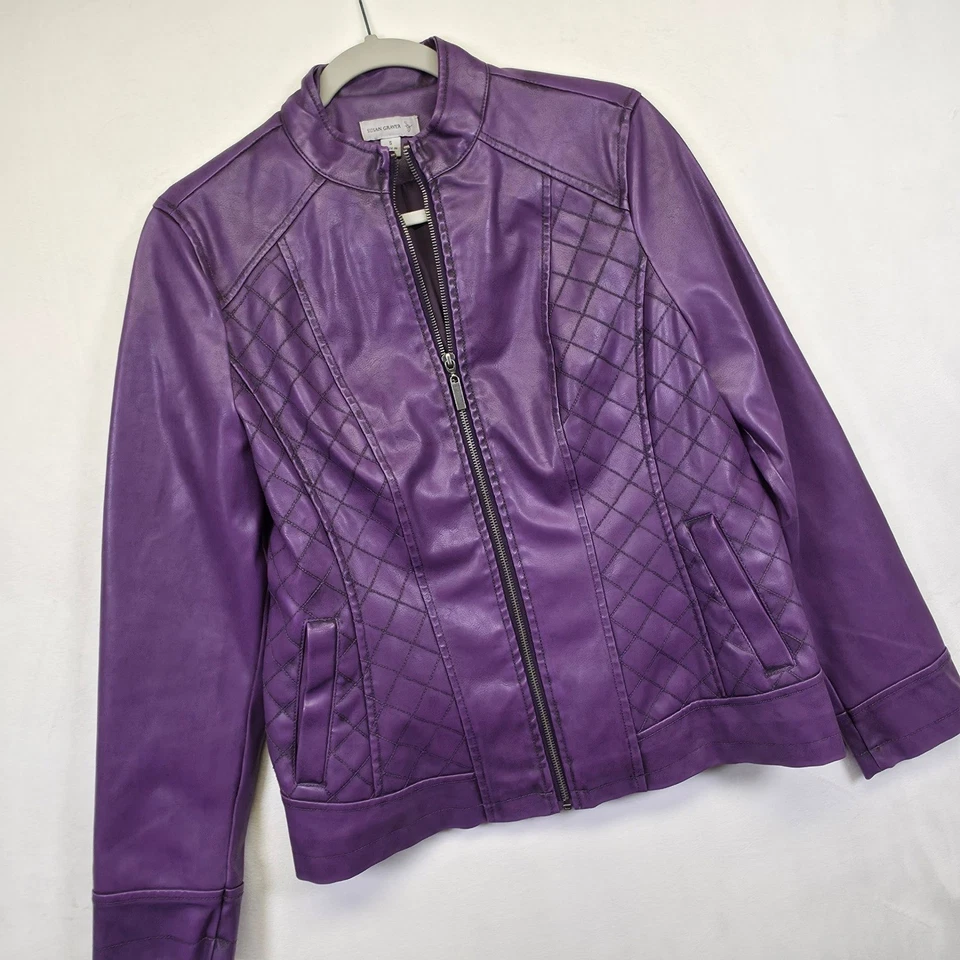 Susan Graver Jacket Womens S Purple Faux Leather Quilted Moto Biker Modern Chic - Image 2 of 4