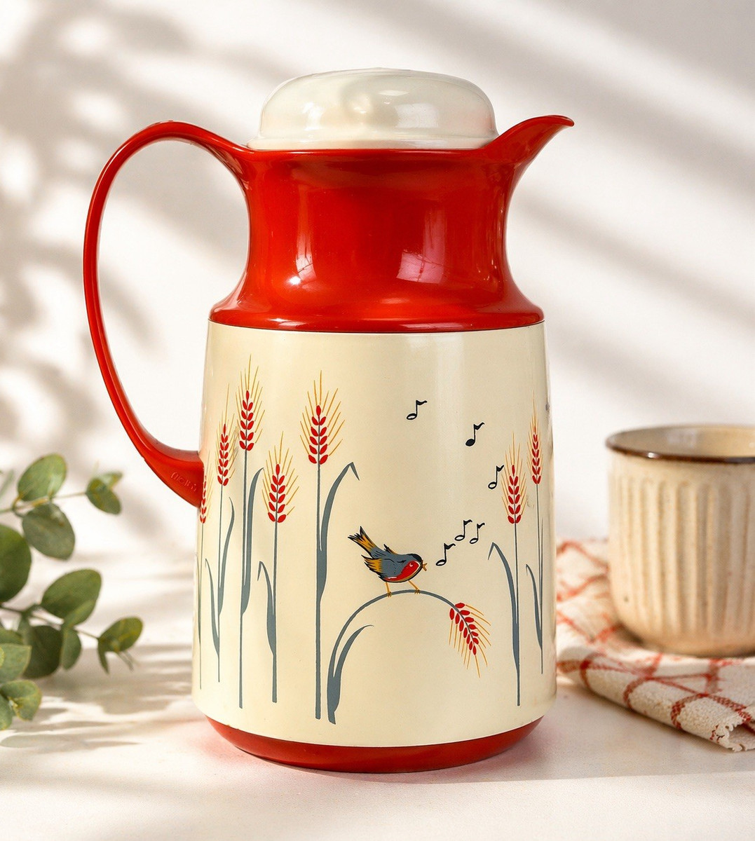 Vintage Helga Rotpunkt Thermos West Germany Red Bird Wheat Design