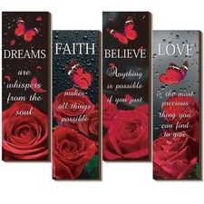 4 Pcs Red Bathroom Decor Red Rose Wooden Wall Decor Inspirational Farmhouse W...