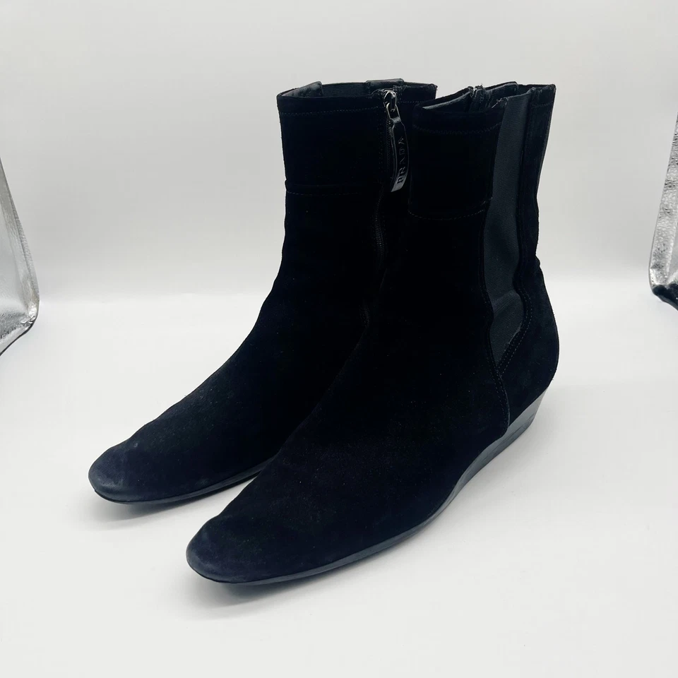 Botas Chelsea de gamuza Prada con cremallera de cuero talla 40 negras Foto 2 de 4