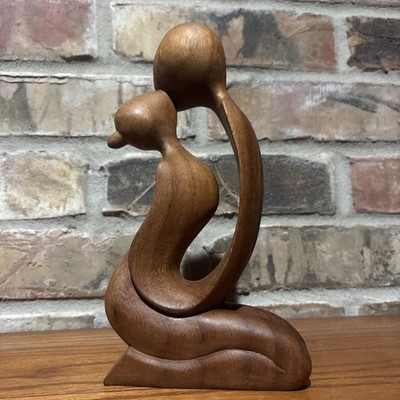 Hand Carved Wooden Kissing Couple Sculpture Romantic Abstract Bali Style