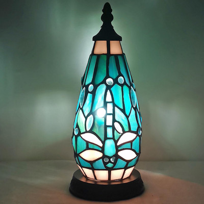 Tiffany Sea Blue Dragonfly Lighthouse Stained Glass Accent Lamp 4.5x11 Inch