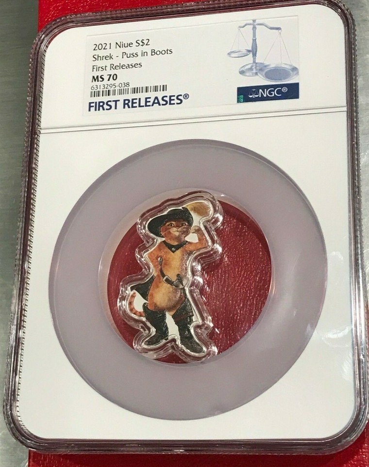 2021 SHREK SERIESPUSS IN BOOTS1 OZ .999 SILVER COINNGC MS70 FIRST