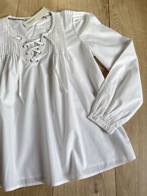 Neu Esprit Damen Bluse Tunika Größe L 40 / 42 Schnürung Biesen Baumwolle