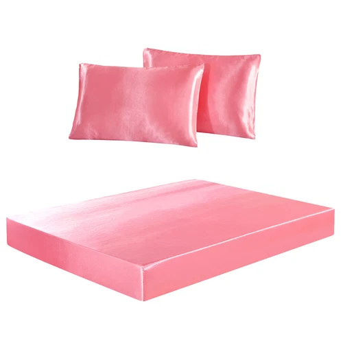 3Pcs Satin Silk Feel Fitted Sheet + Pillowcase Set Fully Elastic 12" Deep Pocket - Picture 27 of 45