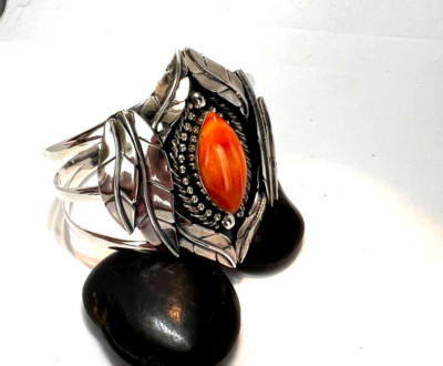 Southwestern Manschette Armband 925 Sterling Silber orange Spiny Oyster Handarbeit