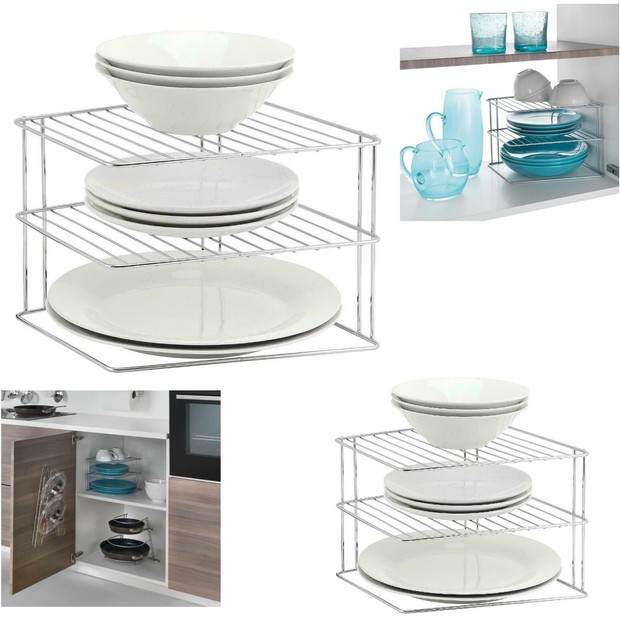 Corner Plate Rack 2 Tier Chrome Coated Wire Kitchen Storage Plates