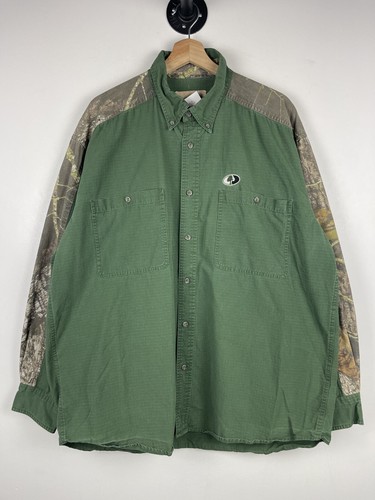 Vintage Mossy Oak Real Tree Camo & Green Button Up Long Sleeve Shirt Size XL