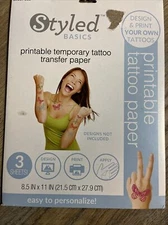 Styled Basics Printable Temporary Tattoo Transfer Paper 3 Sheets NIB 8.5x11"