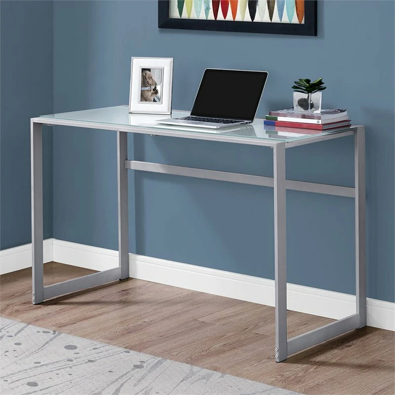 Computadora Escritorio Hogar Oficina Laptop 48"L Trabajo Metal Vidrio Templado Gris Plata Foto 2 de 3