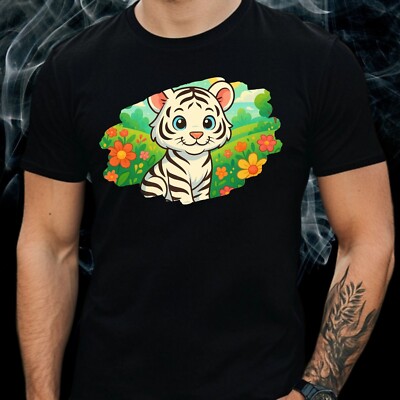 Herren T-Shirt Weißer Tiger im Blumen Garten  Motiv Baumwolle Größe XS bis 5XL
