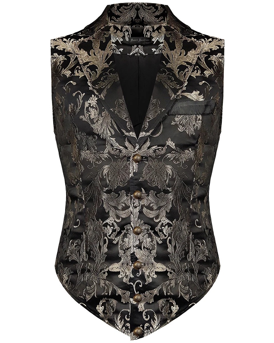 Devil Fashion Mens Aristocrat Waistcoat Vest Black Gold Brocade Gothic Steampunk