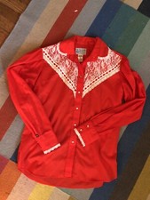 Vtg Rockmount Ranch Wear Western Shirt Blouse Small Medium Red Lace Yellowstone