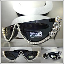 CLASSY Vintage RETRO Style SUNGLASSES Funky Black Frame Bling Crystals Hand Made