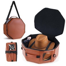 Vegan Leather Cowboy Hat Box for Travel, Large Octagonal, Brown Hat Travel ...