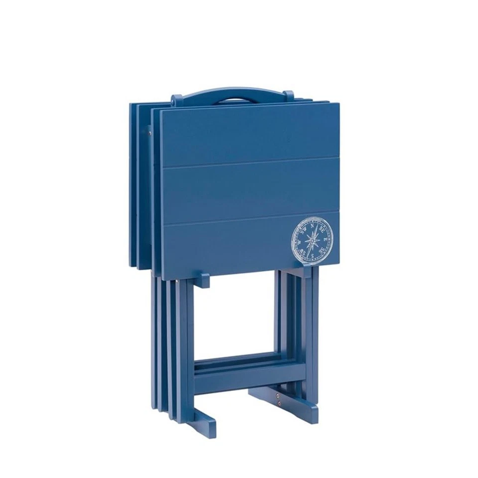 Linon Lorie 5 Piece Tray Table Set Planked Top Compass Design in Navy Blue Wood - Image 2 of 4