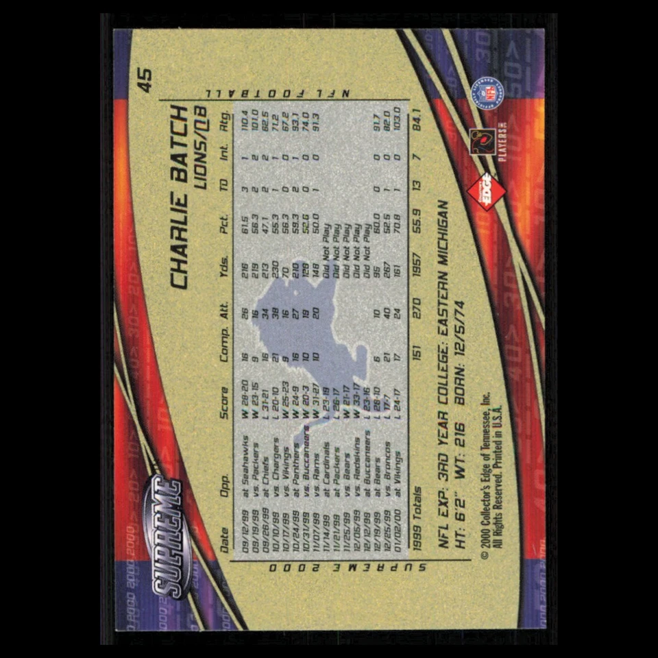 Charlie Batch #45 2000 Collectors Edge Supreme Detroit Lions Football Card NFL - Image 2 of 3