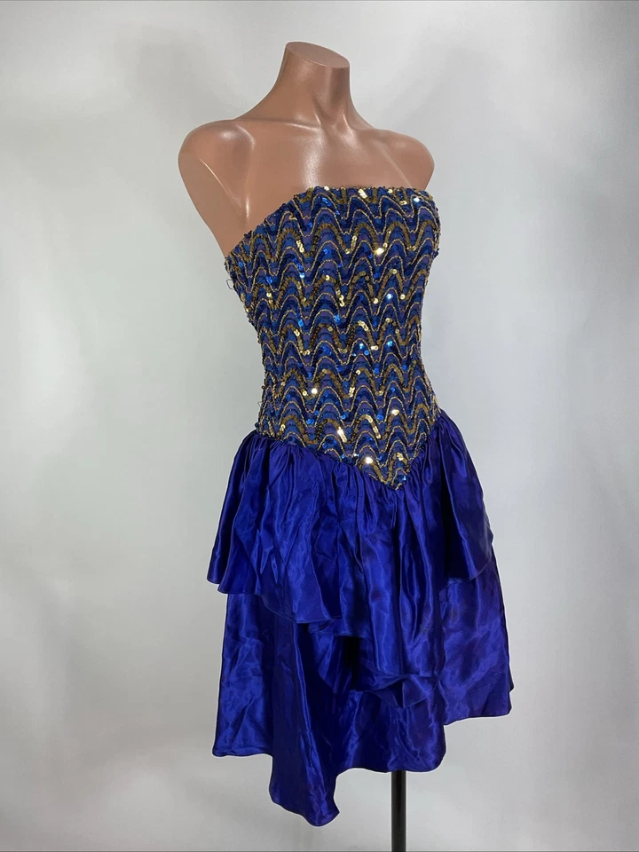 VESTIDO de fiesta vintage de satén con lentejuelas iridiscentes doradas azules de los 80 talla 8 Foto 3 de 4
