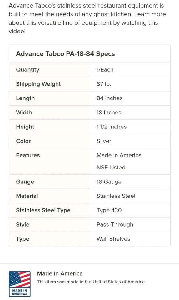 Prateleira Pass-Thru Advance Tabco PA-18-84 84" de largura x 18" de profundidade 430 de aço inoxidável - Imagem 2 de 4