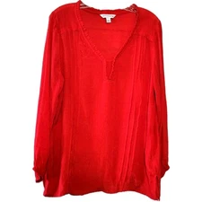 Counterparts Tunic Top Size L Red Semi-sheer Ruffle V Neckline Causal Classic 