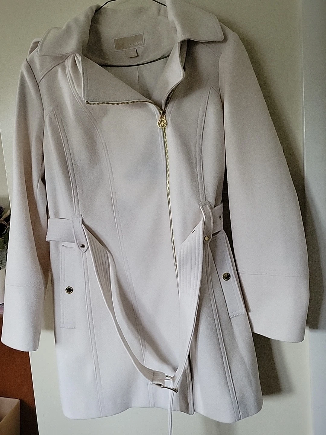 Cappotto donna lana Michael Kors cappuccio staccabile e cintura bianco sporco taglia PXL