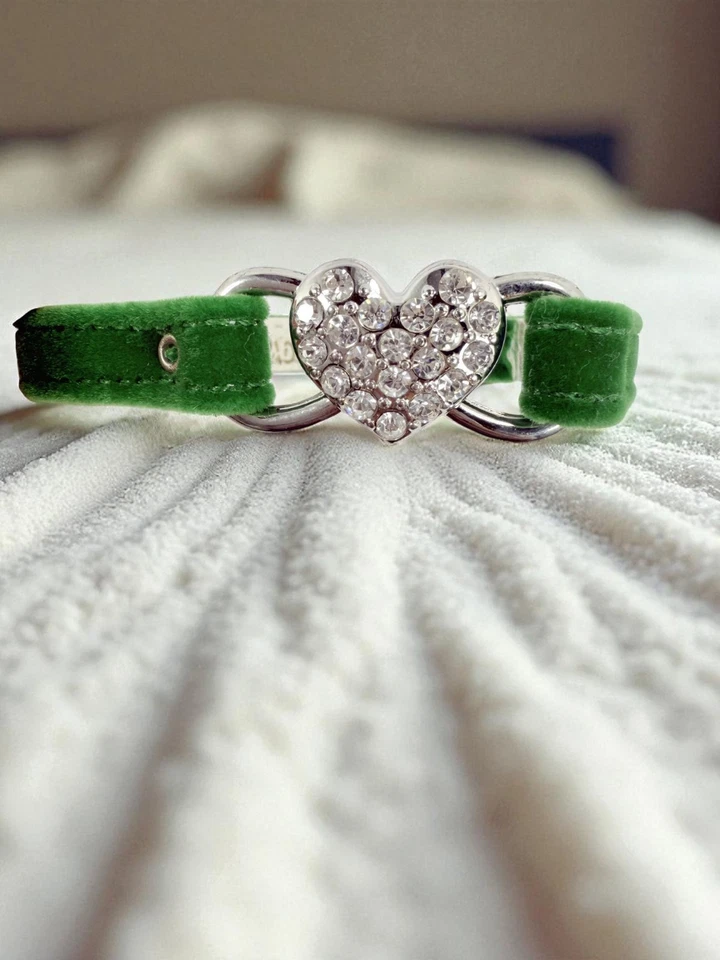 Velvet Dog Collar w/ Heart Charm – Adjustable 10-16" | Black Red Pink Green - Image 2 of 4