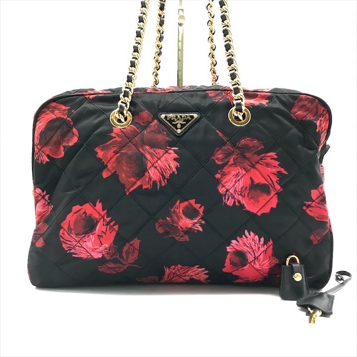 Prada Black Nylon Quilted Flower Boston Bag A7878