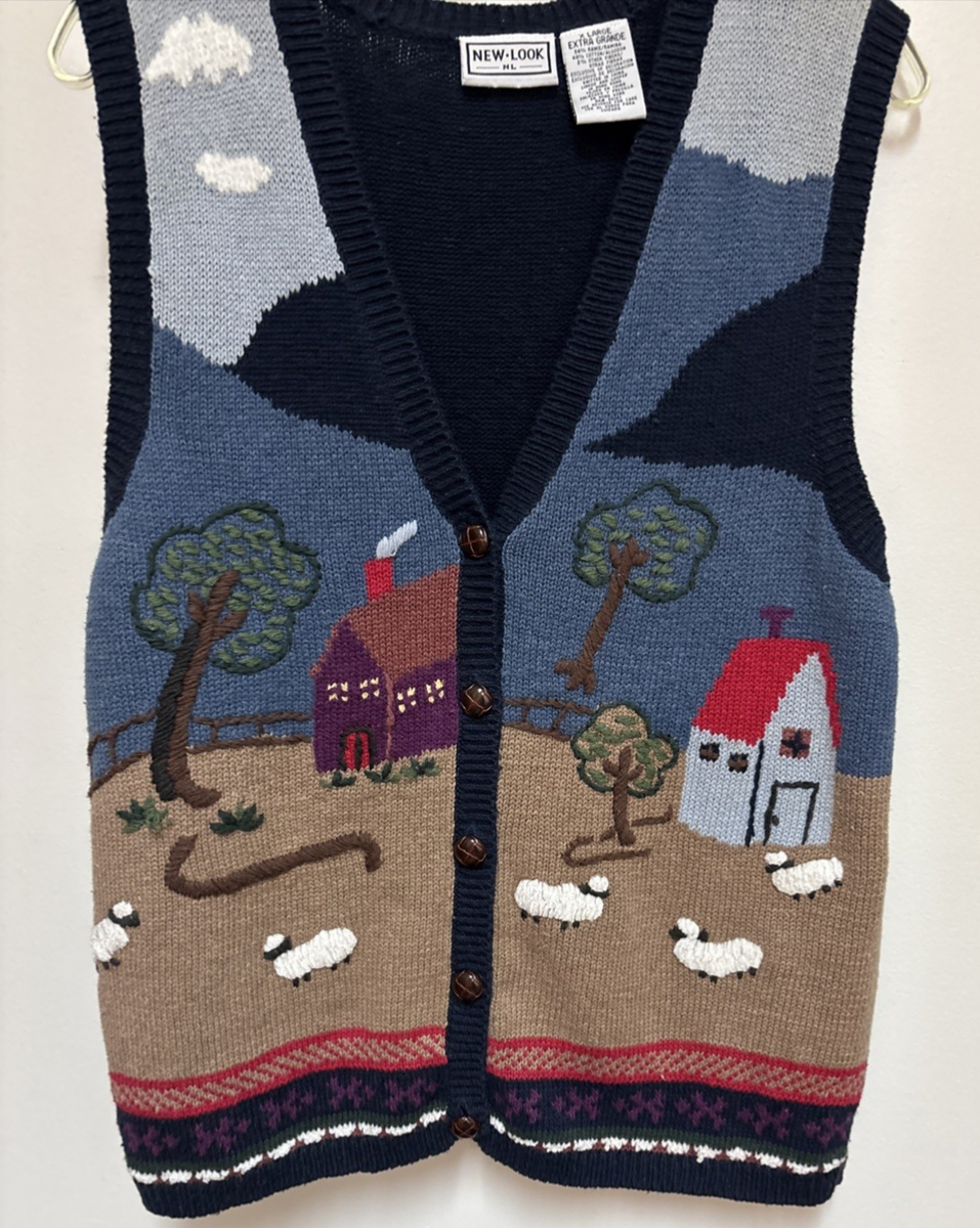 Vintage New Look Womens Farm Sheep Grandma Core Button Up Sweater