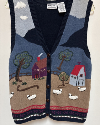 Vintage New Look Womens Farm Sheep Grandma Core Button Up Sweater