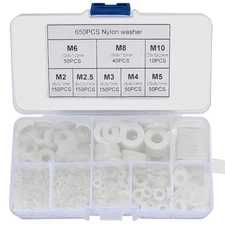 650 Pcs White Nylon Flat Washer Assortment Kit, round Flat Nylon Washers for Hou