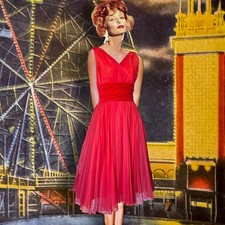 1950s Red Barbiecore Chiffon Cocktail Dress Ruched Sleeveless Vintage Barbiecore