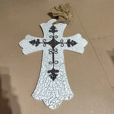 Large Cross Christian Wall Decor Wooden White Brown NWT 24x17”