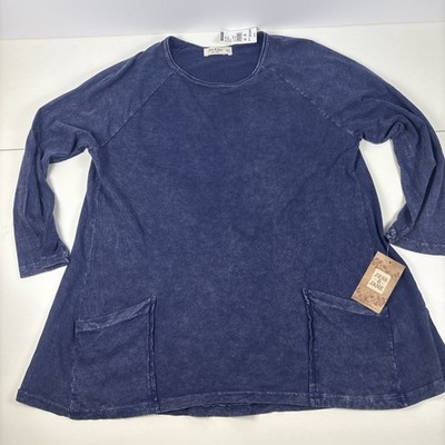 NWT Jess & Jane Blue Mineral Wash Tunic Top 2 Pocket 3/4 Sleeve Women s M