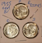 1955 P D S Roosevelt Dimes! GEM BU! LUSTER! 551288