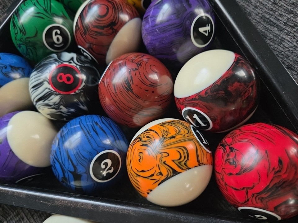 Marblized Billiard Ball Set W/ Cue Ball, Triangle + 9 Ball Rack | eBay