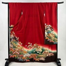 JAPANESE KIMONO FURISODE RED 167cm 5 ft 6 in PURE SILK FF11307