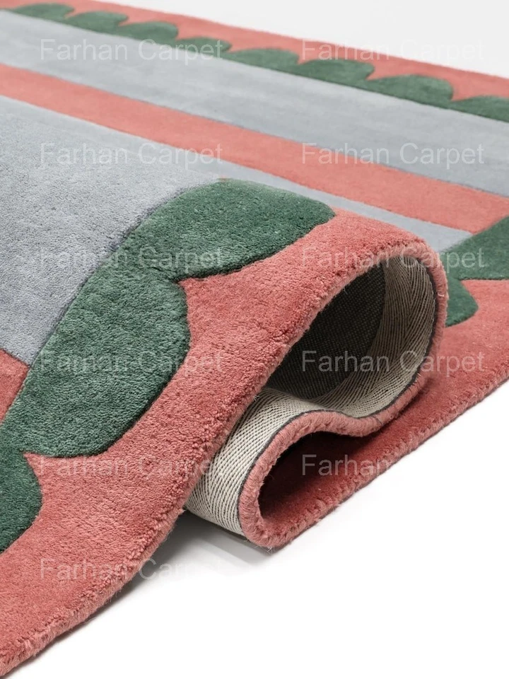 Modern Striped Hand Tufted Wool Area Rug – Soft Pink, Grey & Green Border Carpet - Image 4 of 4