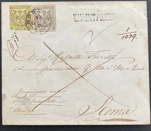 ITALY STATES MODENA Stamps 1852 Coat of Arms 15c + 2 x 25c stamps - Used FDC