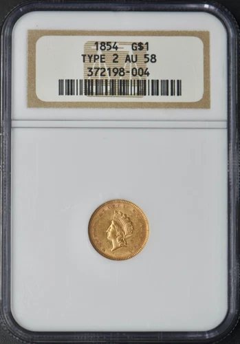 1854 Type 2 $1 Gold Liberty - NGC AU58 - Old Holder - ✪COINGIANTS✪
